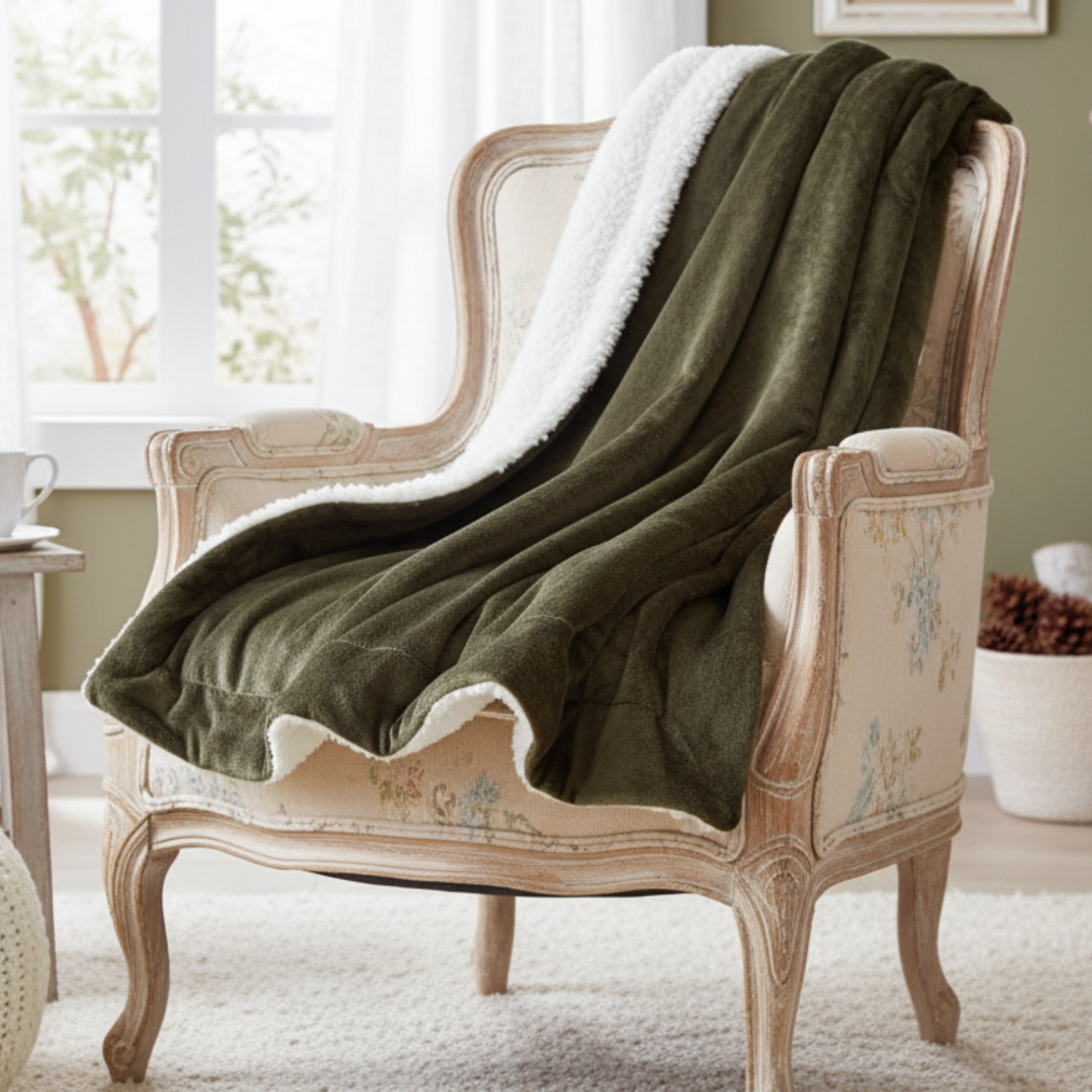 Super Soft Evergreen Micro Fleece Green Sherpa Throw Blanket