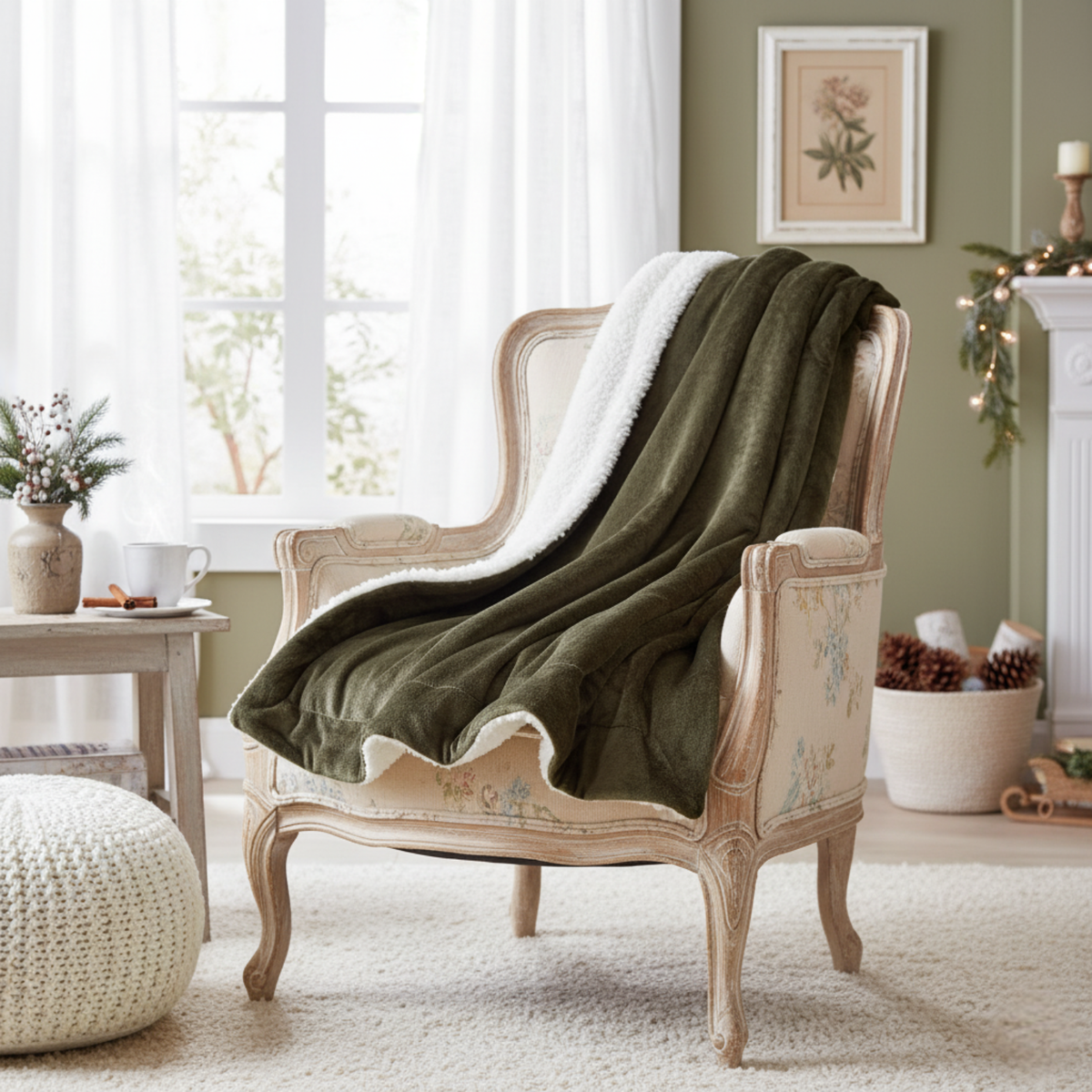 Super Soft Evergreen Micro Fleece Green Sherpa Throw Blanket