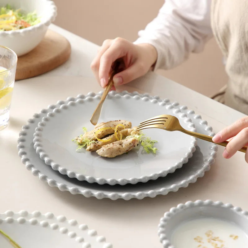 Heart Shaped Pearl Dinner Plate Set - Elegant Porcelain Tableware for Salad, Soup, Steak