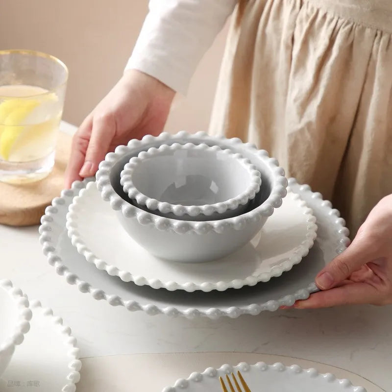 Heart Shaped Pearl Dinner Plate Set - Elegant Porcelain Tableware for Salad, Soup, Steak