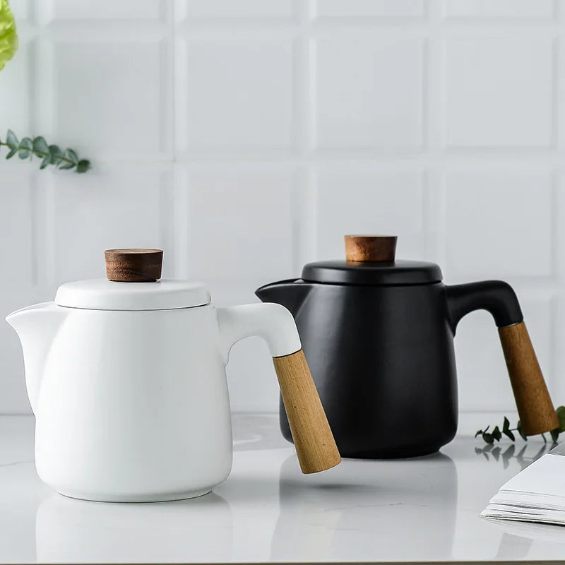 Japanese Style Ceramic Tea Pot Set with Wooden Handle | Heat-Resistant Borosilicate Glass