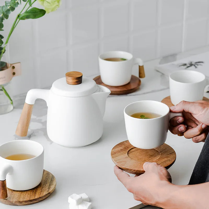 Japanese Style Ceramic Tea Pot Set with Wooden Handle | Heat-Resistant Borosilicate Glass