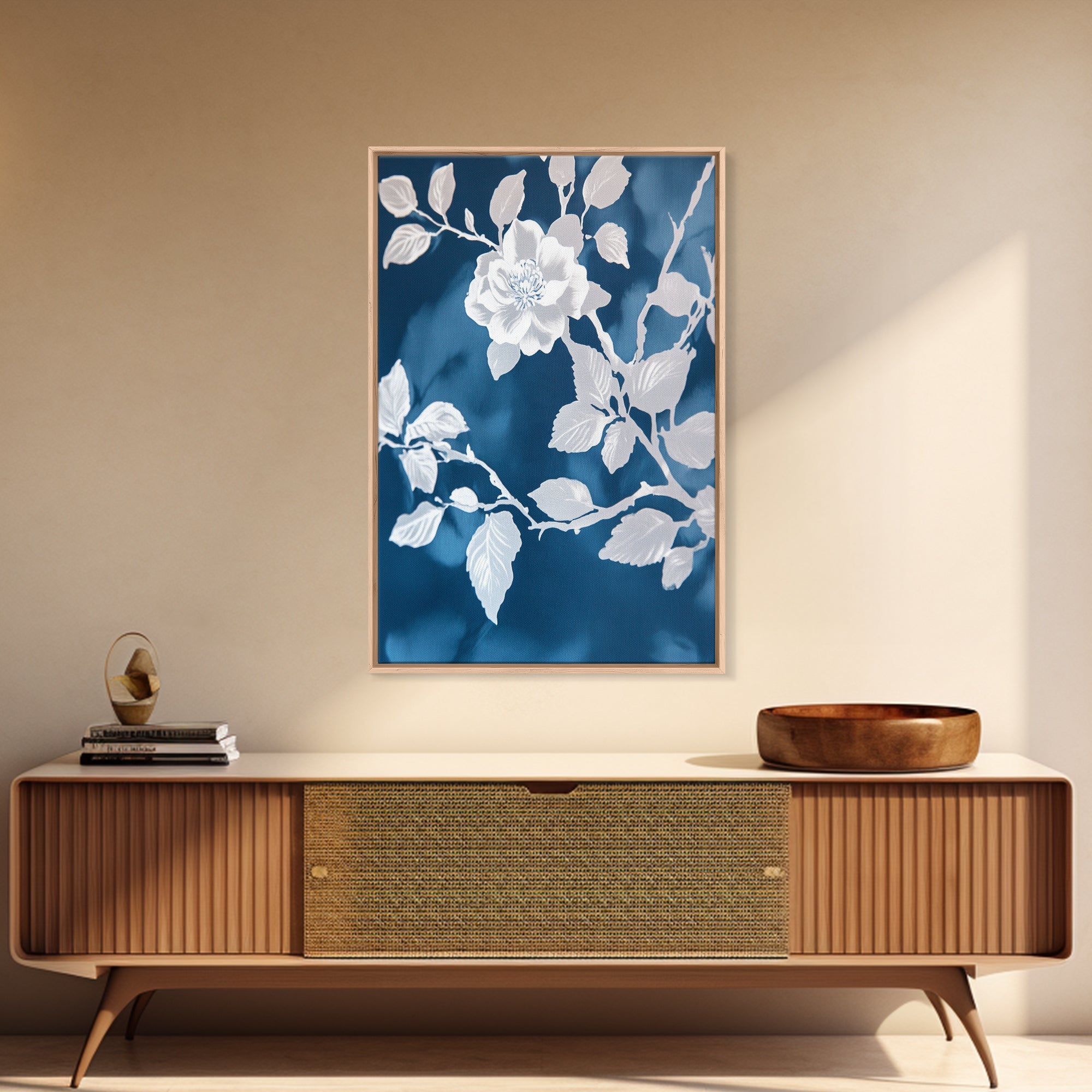 White Flowers on Blue Background Framed Canvas Print, Chinoiserie Wall Art, Boho Decor, Minimalist Wall Art, Boho Home Decor
