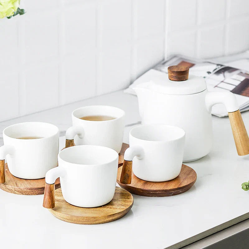 Japanese Style Ceramic Tea Pot Set with Wooden Handle | Heat-Resistant Borosilicate Glass