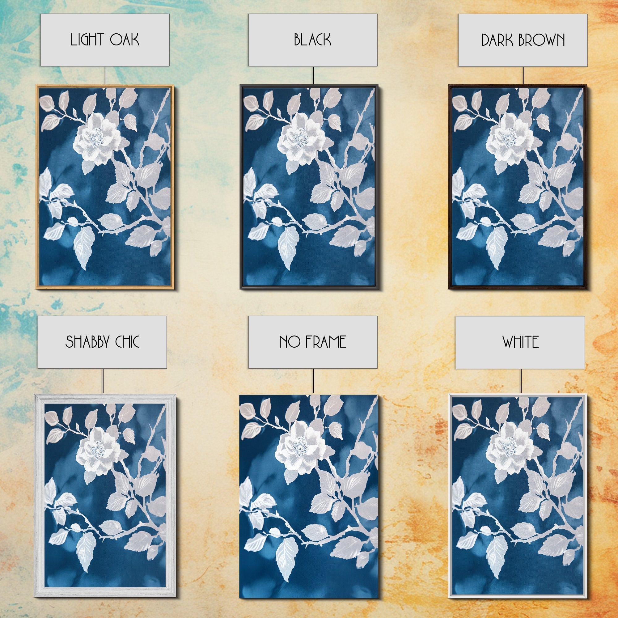 White Flowers on Blue Background Framed Canvas Print, Chinoiserie Wall Art, Boho Decor, Minimalist Wall Art, Boho Home Decor