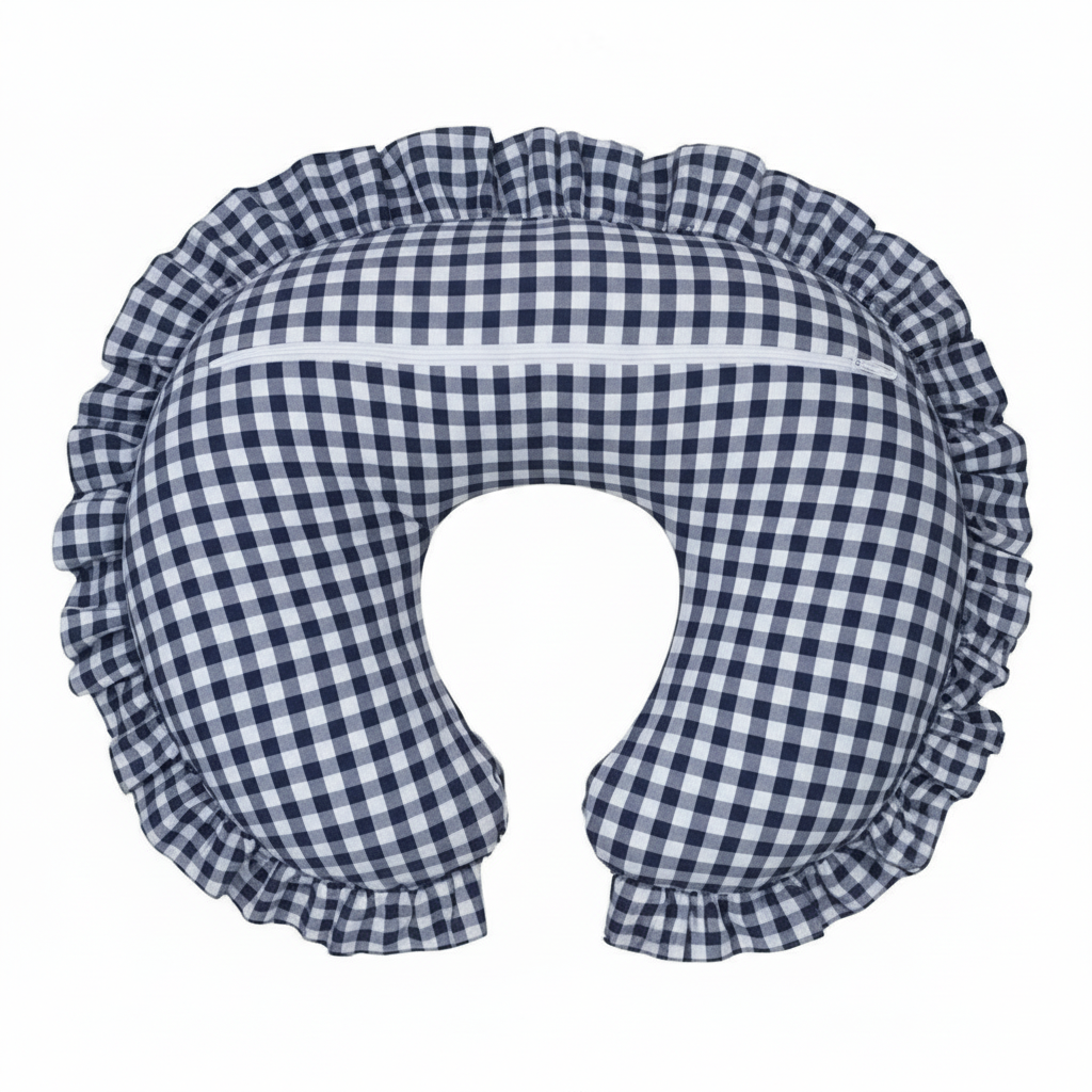 Navy Blue Gingham Ruffle Nursing Pillow Cover