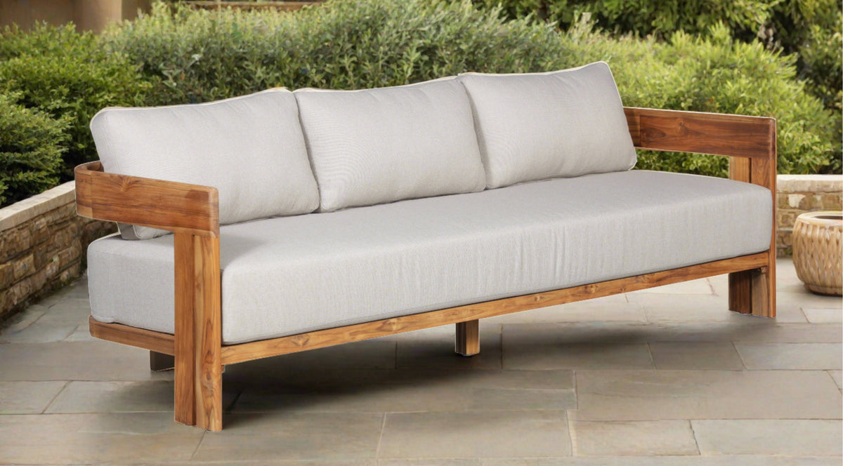 Paradiso Outdoor Solid Teak Wood Sofa - Gray Fabric