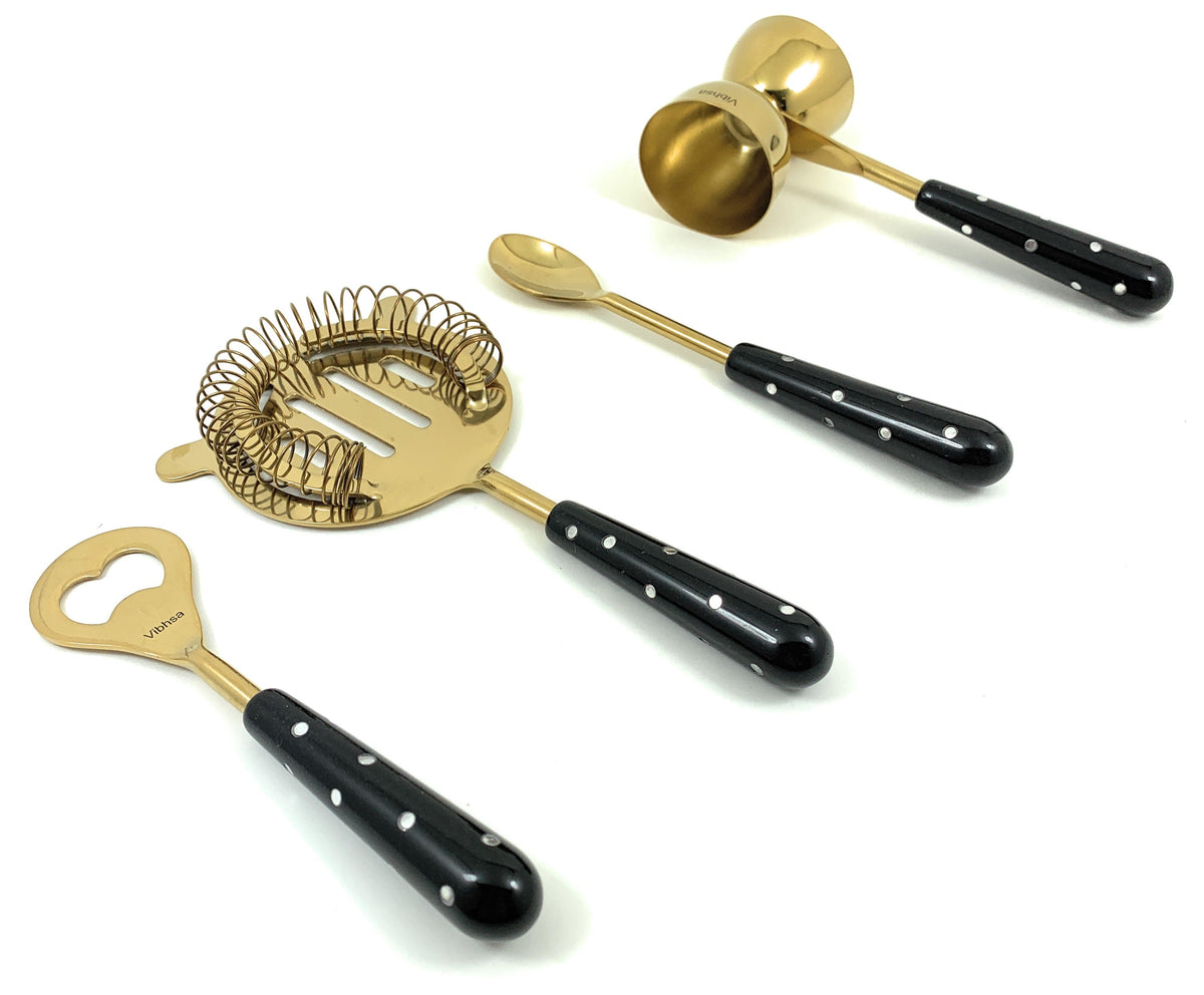 Vibhsa 4-Piece Bar Tools Kit | Gold & Black Resin Handle, Stainless Steel, Gift Box