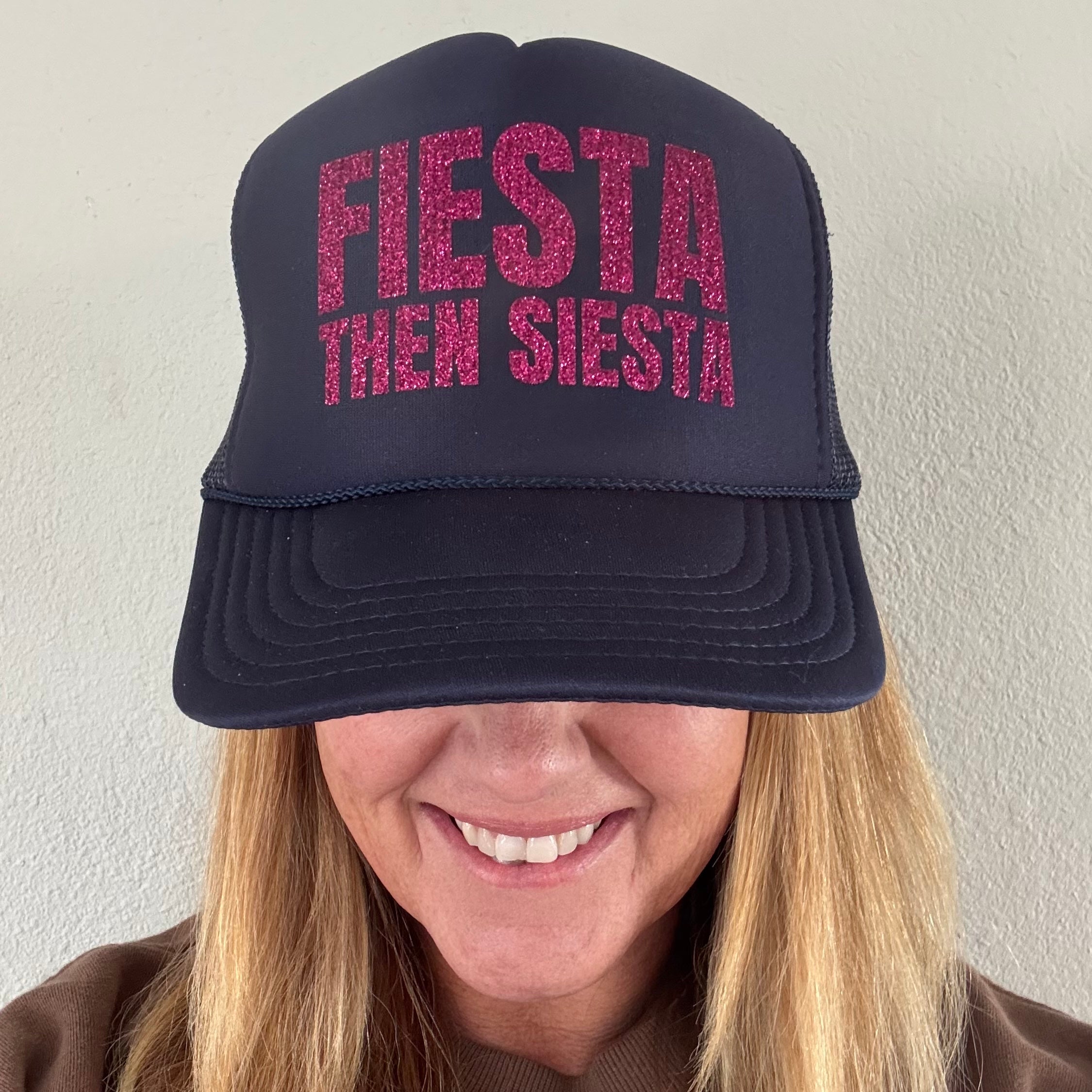 Midlifers FIESTA THEN SIESTA navy trucker hat