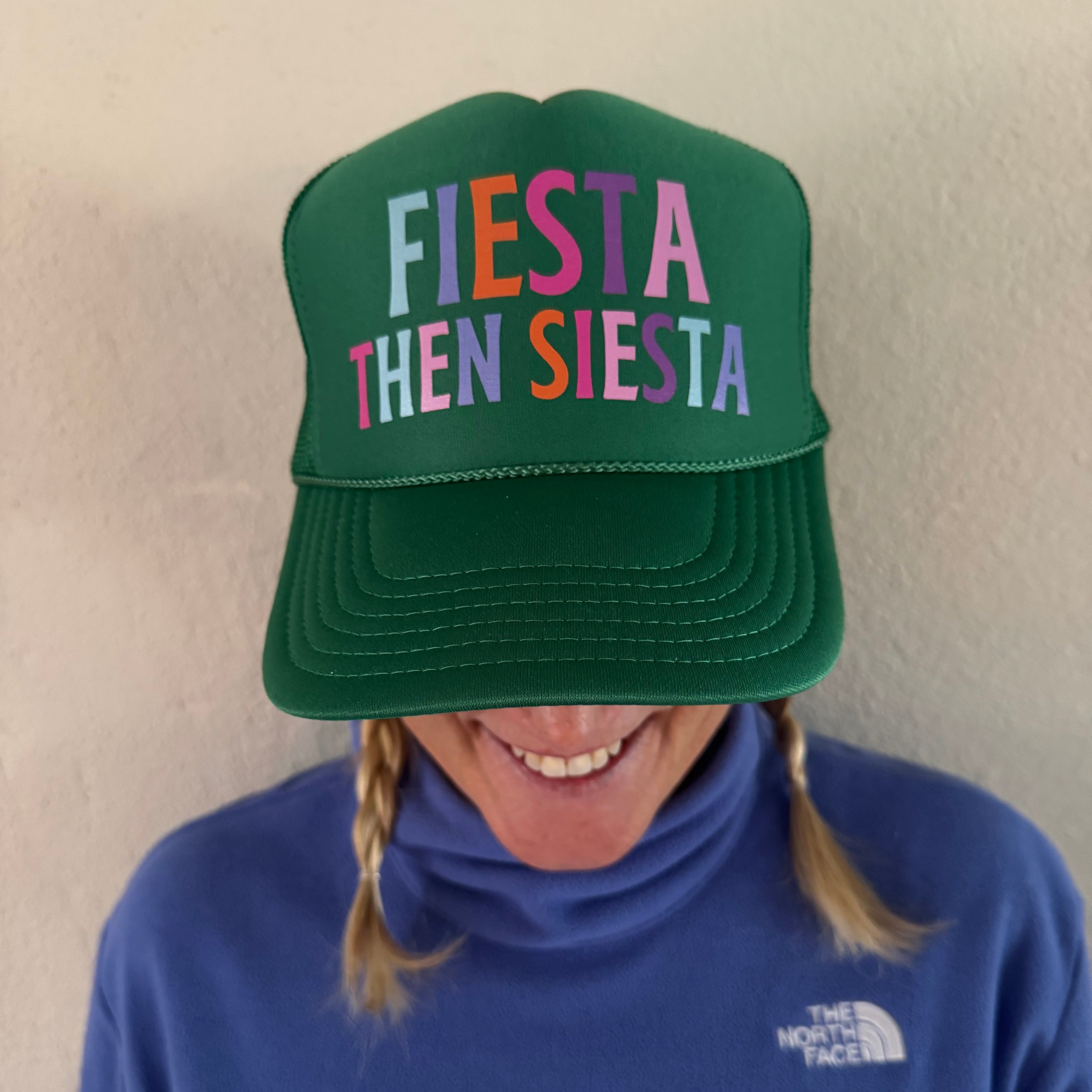 Midlifers FIESTA THEN SIESTA kelly green trucker hat