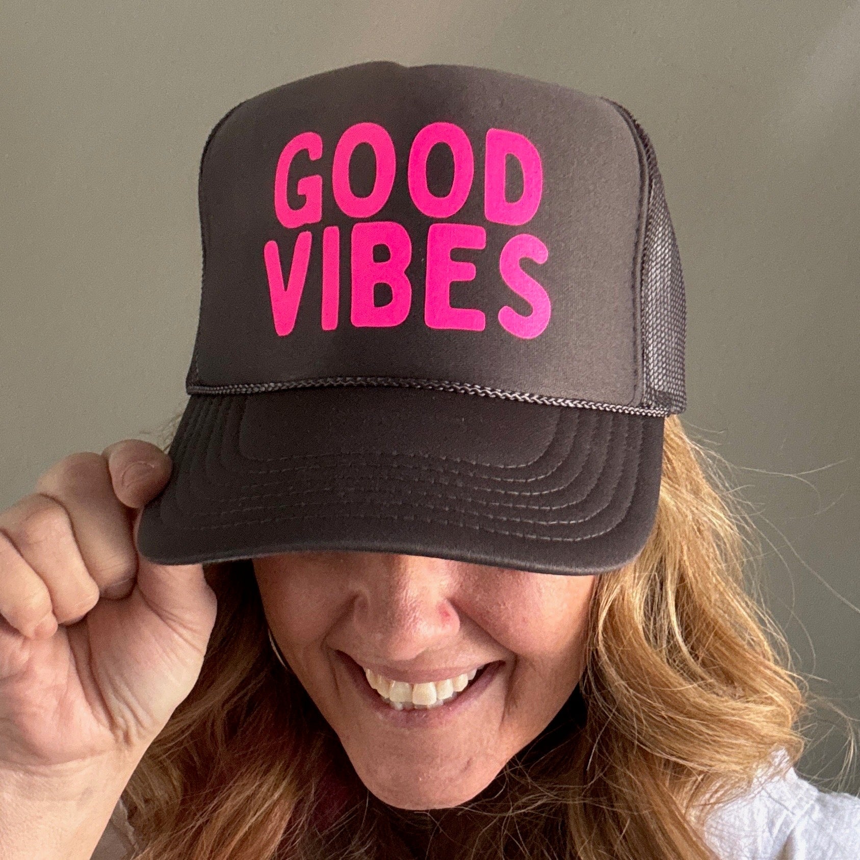 Midlifers GOOD VIBES charcoal trucker hat