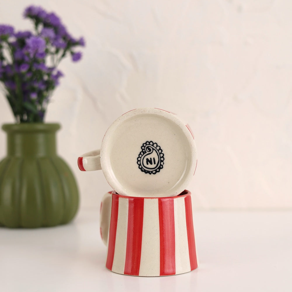 Red Stripe Coffee Cup | Handpainted Stoneware Mug | 7.5oz (Set of 2)