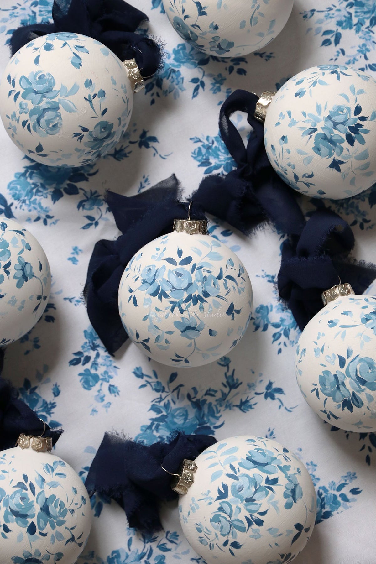 Blue vintage rose hand-painted ornament, made to order
