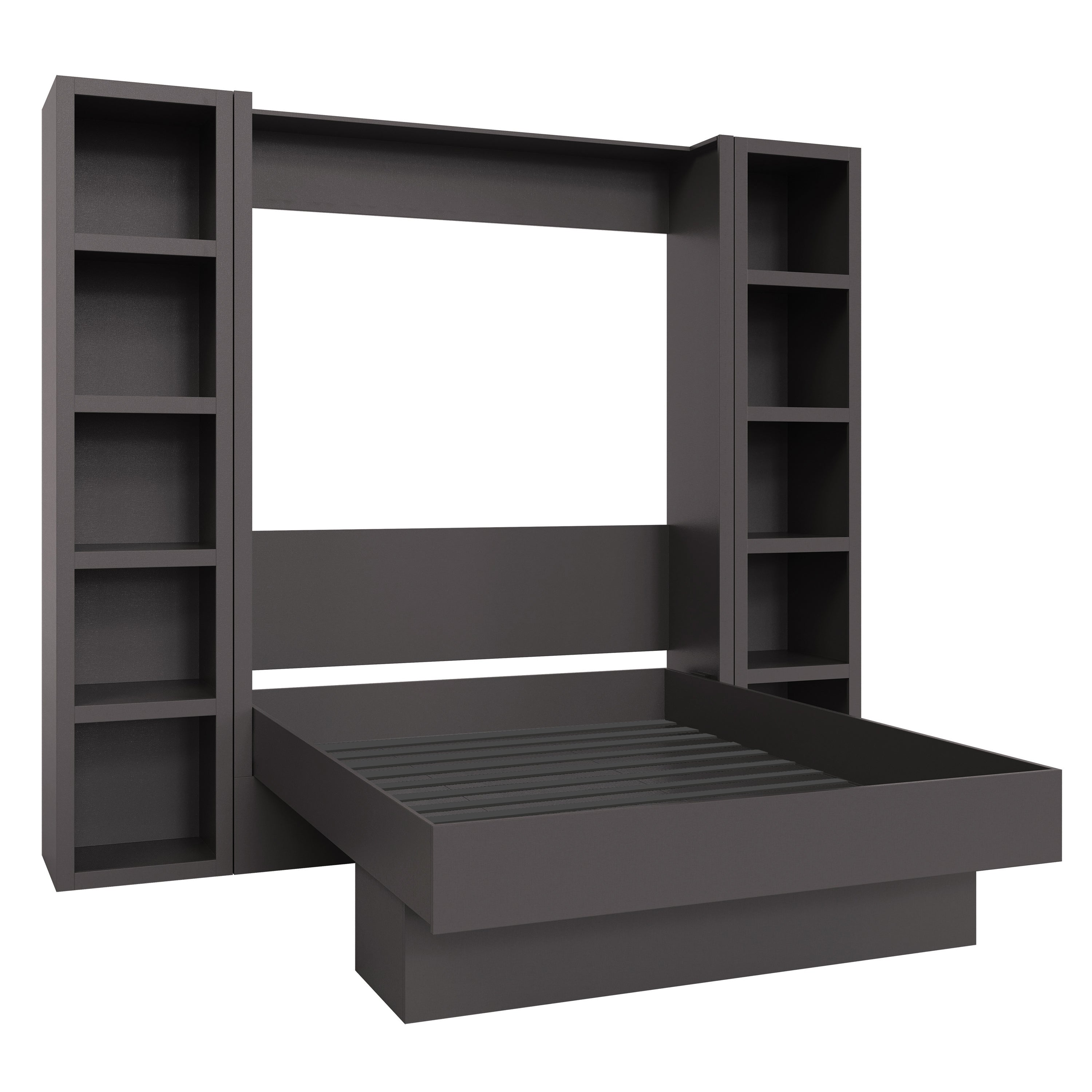 Easy-Lift Queen Murphy Wall Bed in Dark Grey with Two Bookshelves