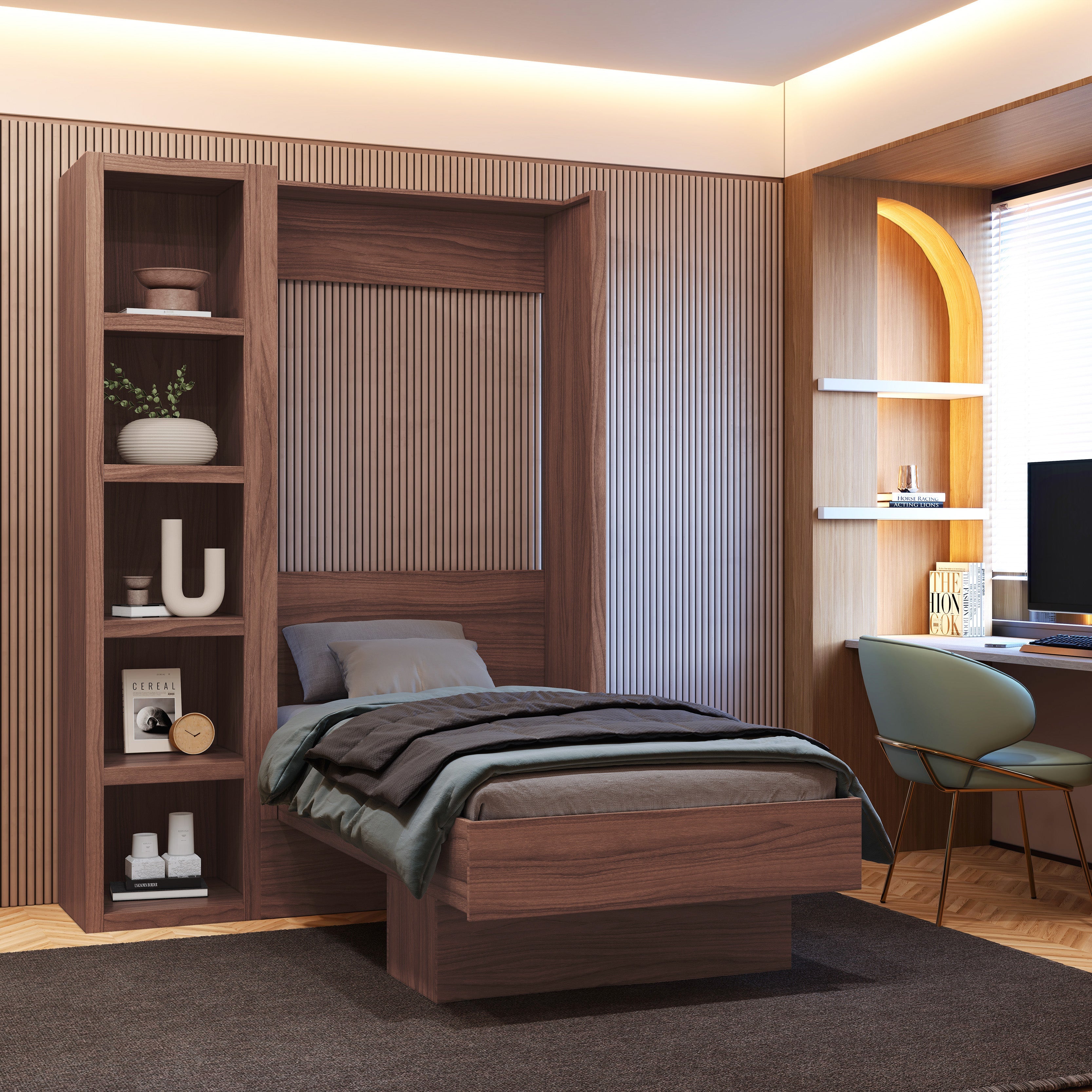 Easy-Lift Twin Murphy Wall Bed in Natural Brown Wood Grain with Bookshelf