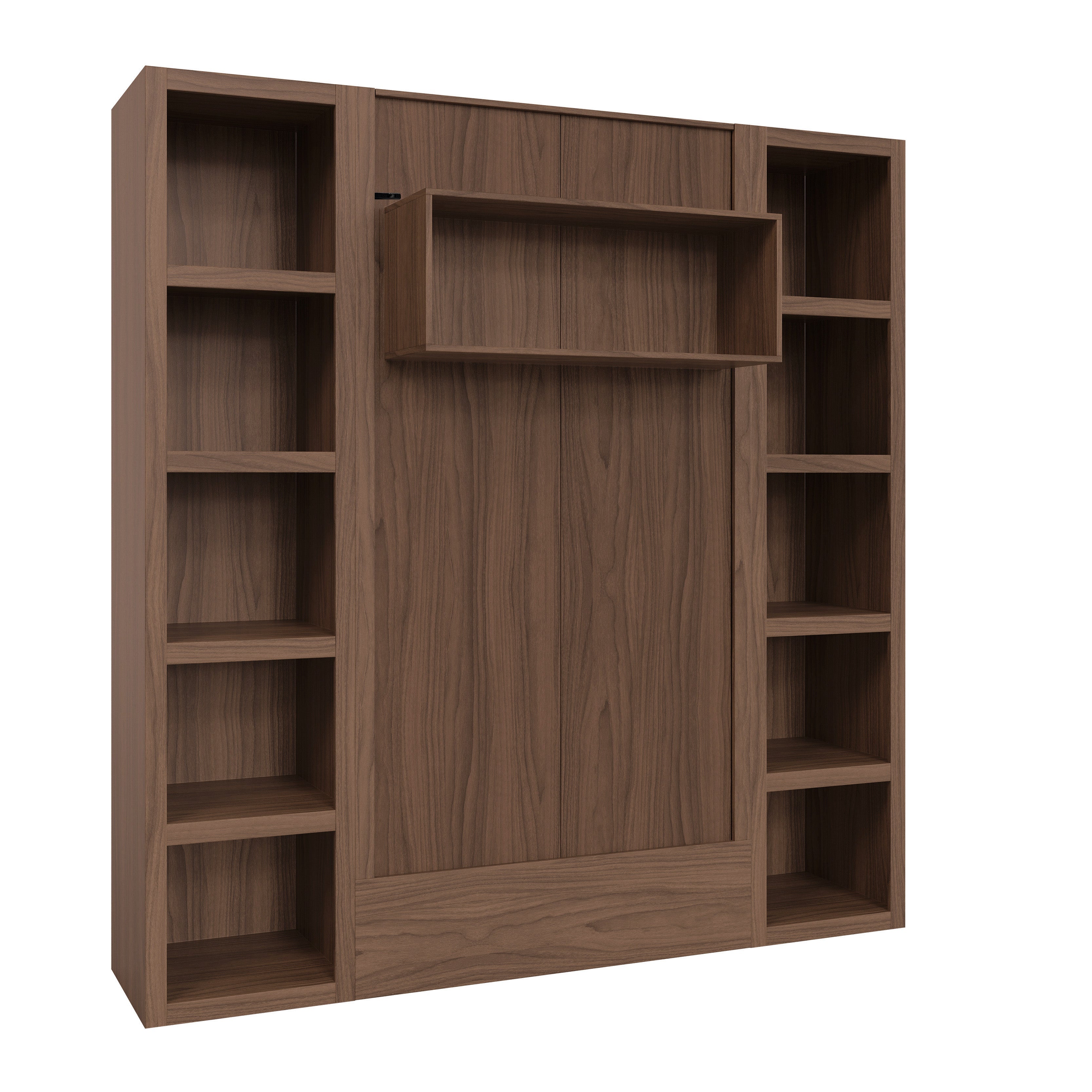 Easy-Lift Twin Murphy Wall Bed in Natural Brown Wood Grain with Two Bookshelves