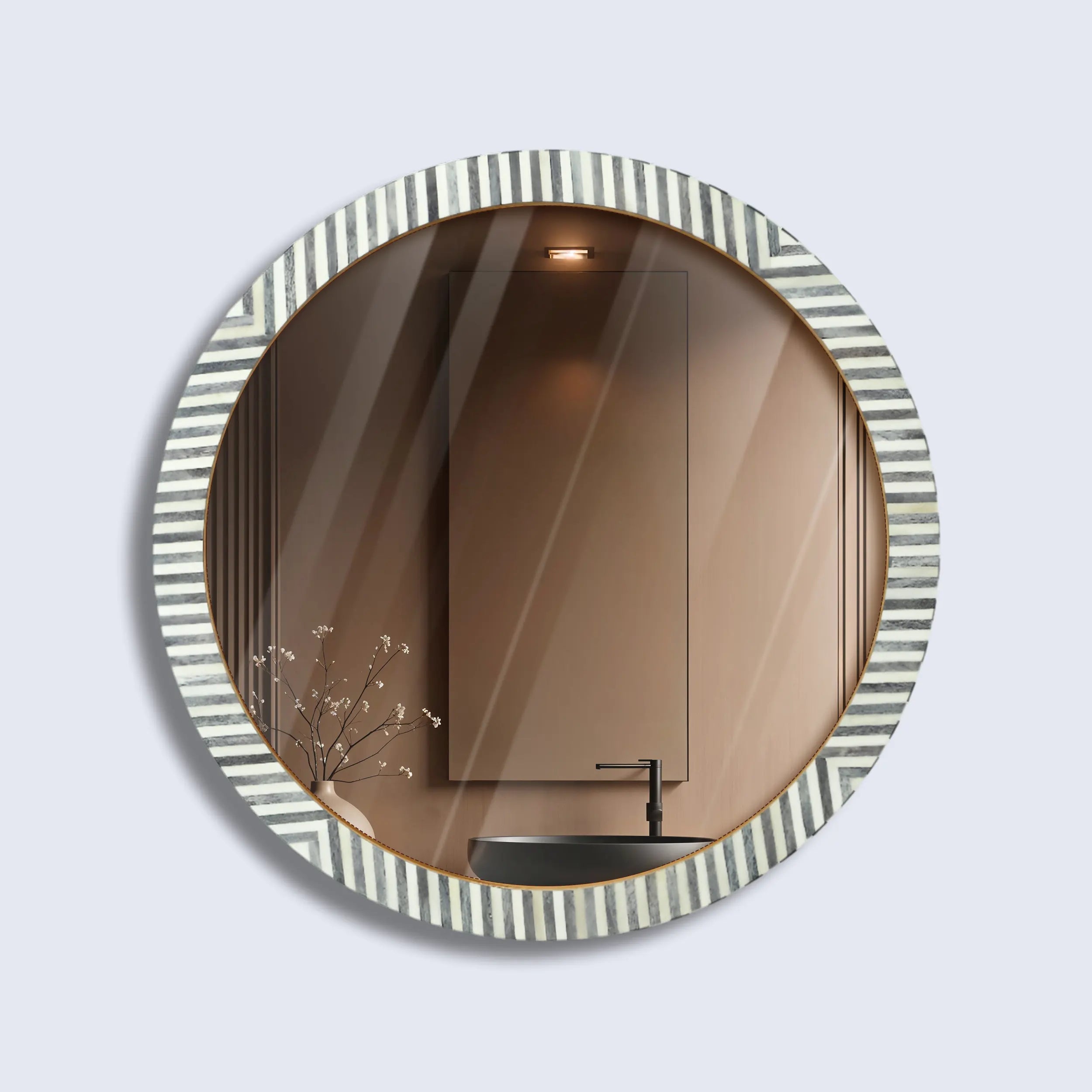 Wall Mirror Round Chevron Art Inspired Bone Inlay Wall Hanging Mirror Frame, 24" Dia