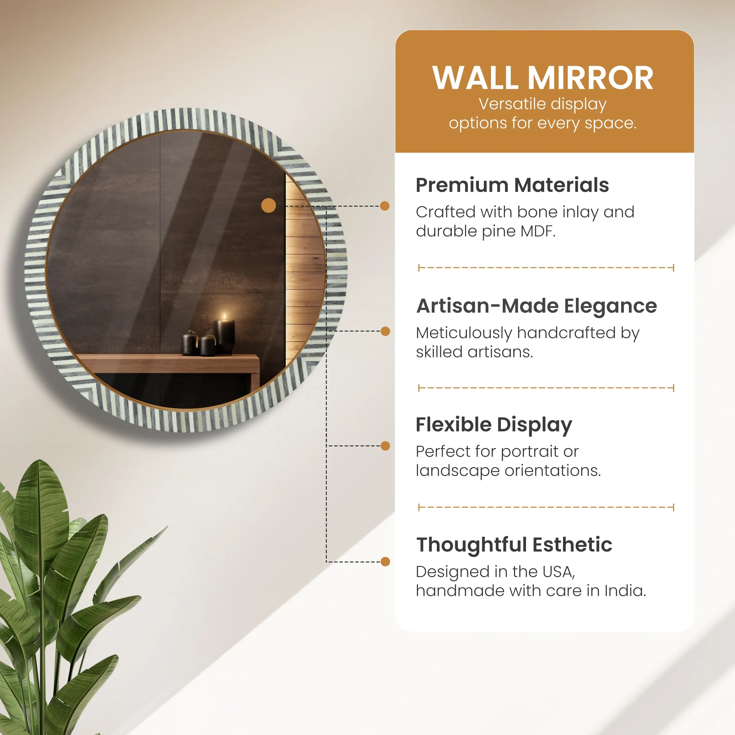 Wall Mirror Round Chevron Art Inspired Bone Inlay Wall Hanging Mirror Frame, 24" Dia