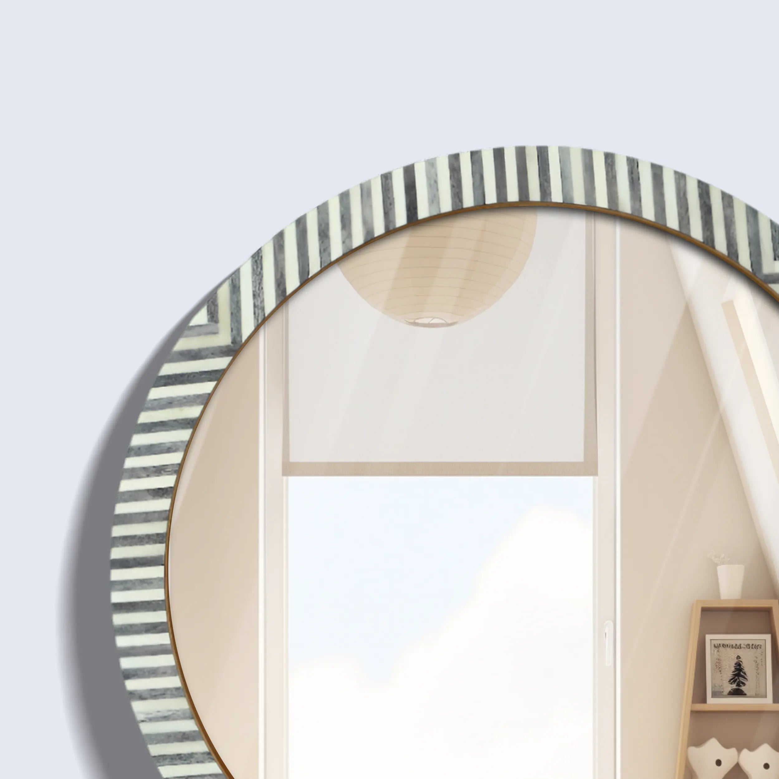 Wall Mirror Round Chevron Art Inspired Bone Inlay Wall Hanging Mirror Frame, 24" Dia