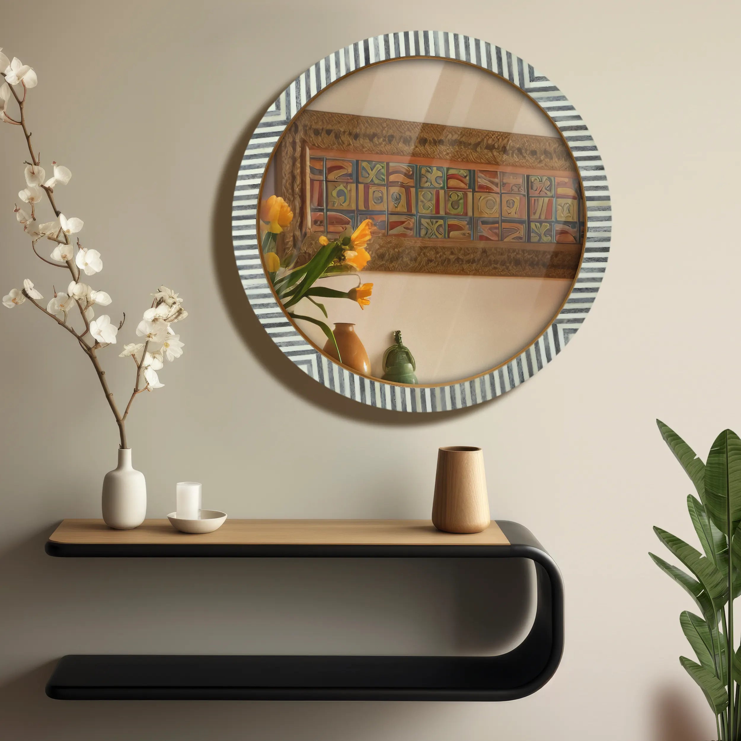 Wall Mirror Round Chevron Art Inspired Bone Inlay Wall Hanging Mirror Frame, 24" Dia