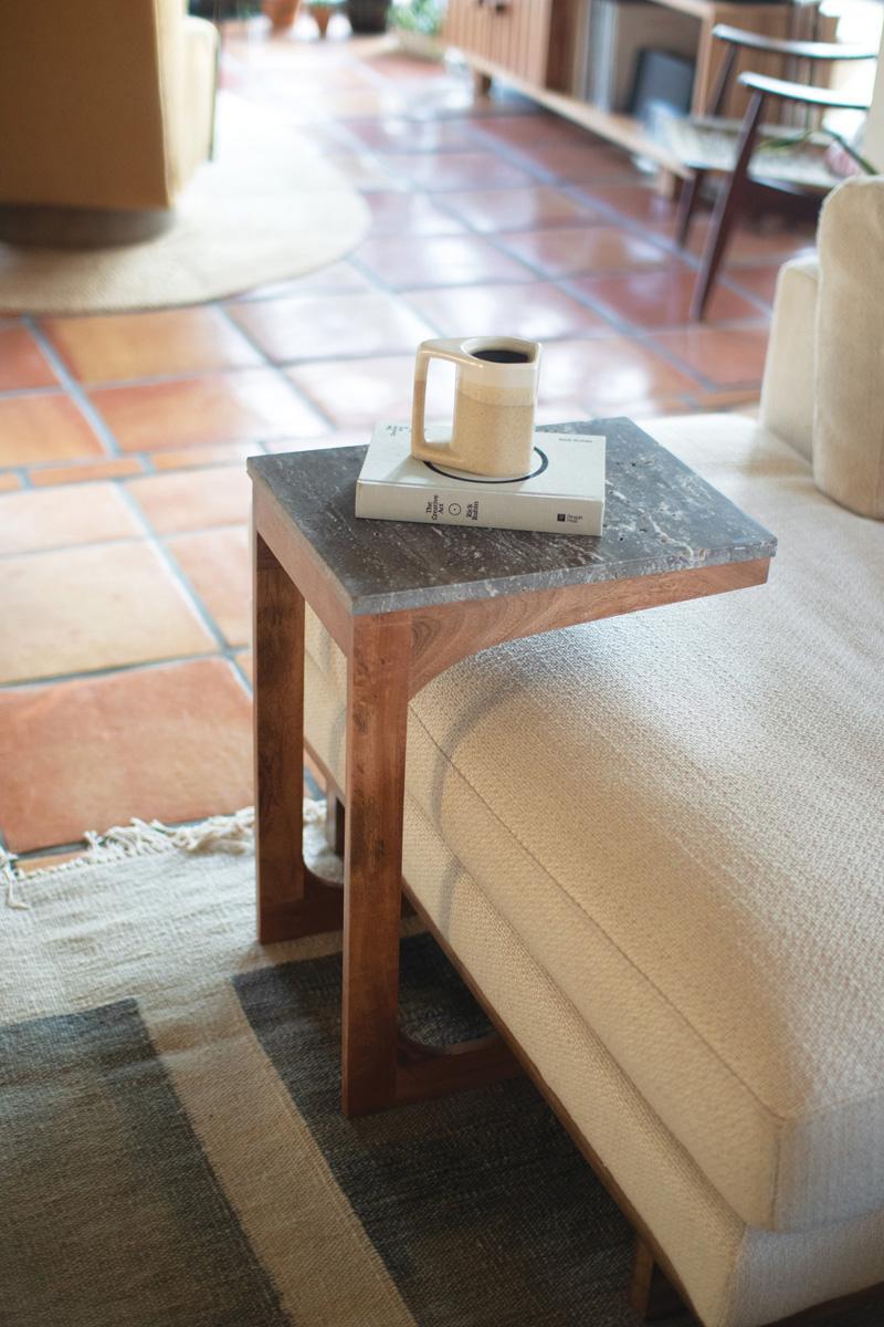 Travertine Top Acacia and Wicker Sofa Table