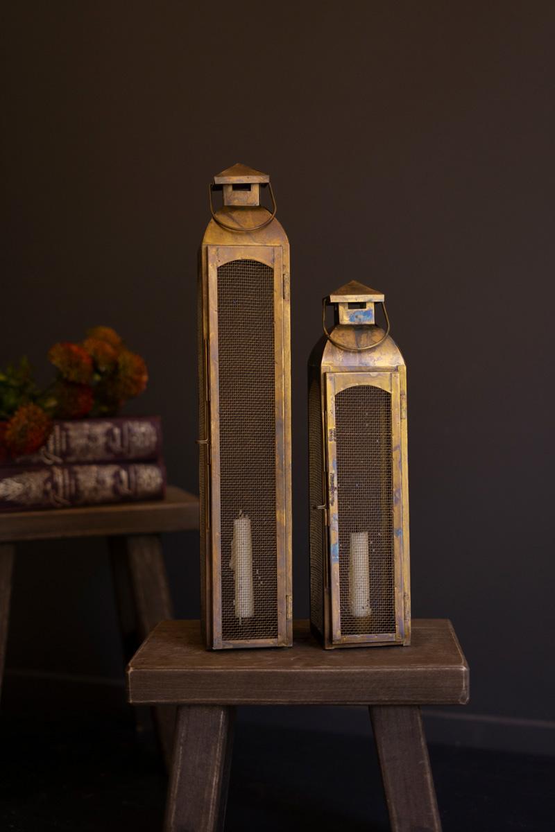 Antique Brass Wire Screen Taper Candle Lanterns - Set of 2