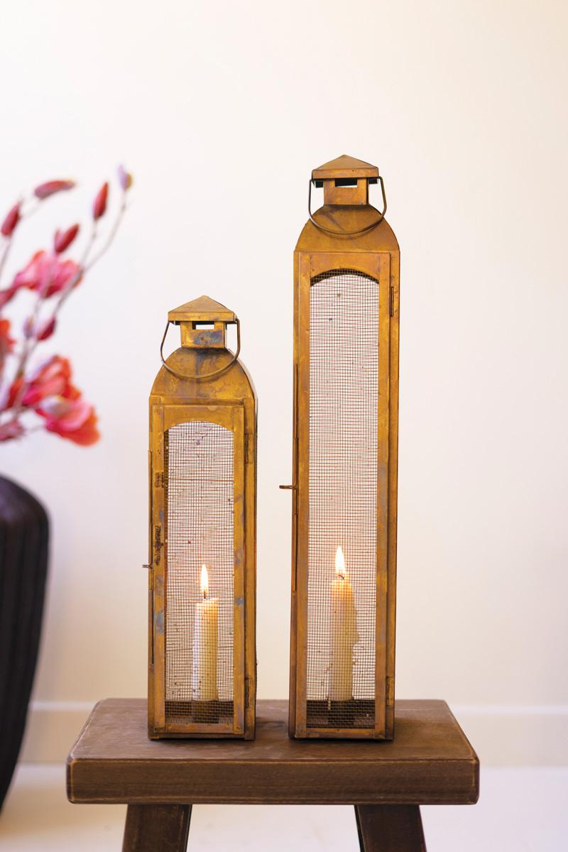 Antique Brass Wire Screen Taper Candle Lanterns - Set of 2