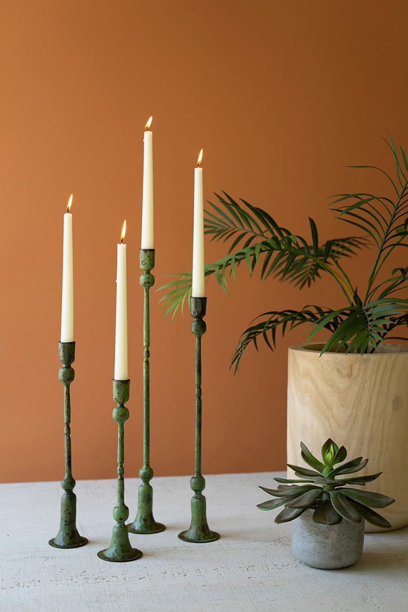 Forged-Iron Green Patina Taper Candle Holders - Set of 4