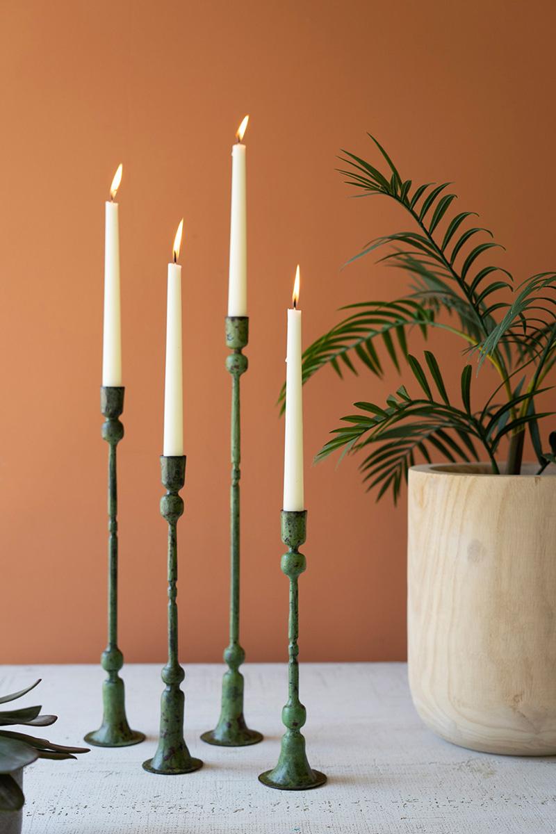 Forged-Iron Green Patina Taper Candle Holders - Set of 4