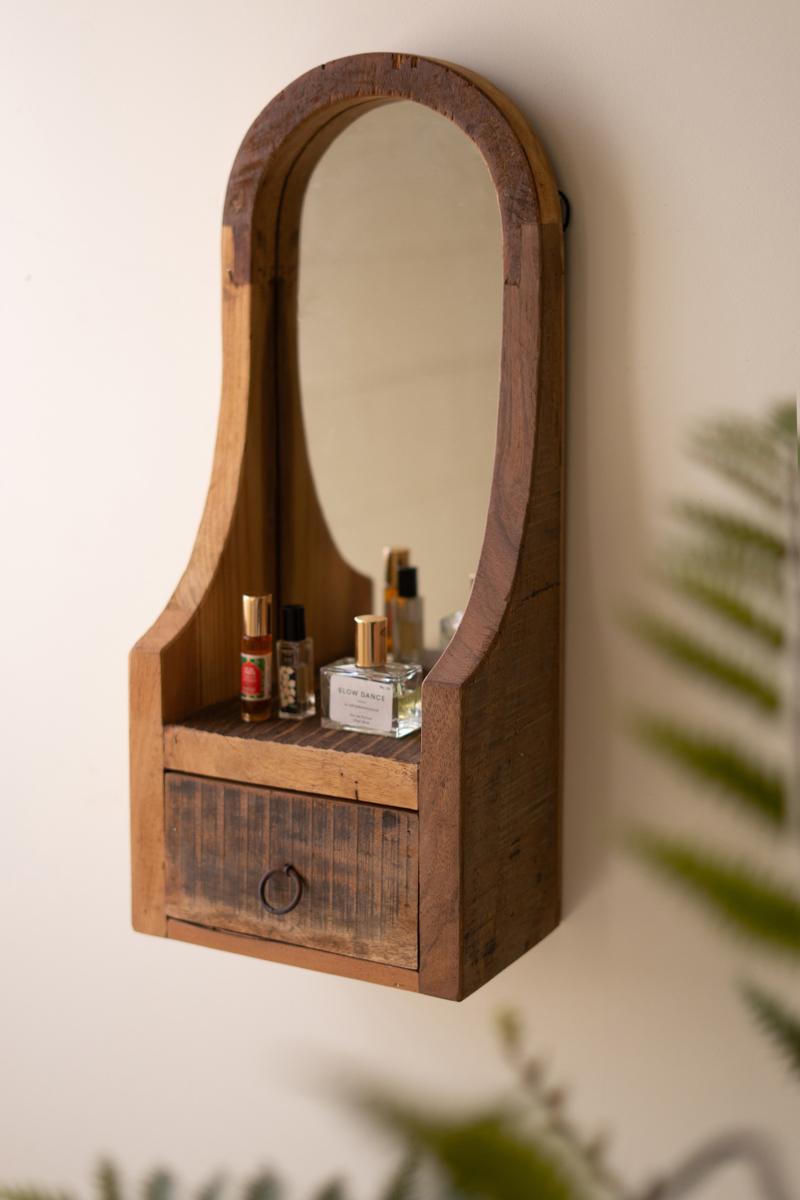 Arched Recycled Wood Framed Mirror with Drawer