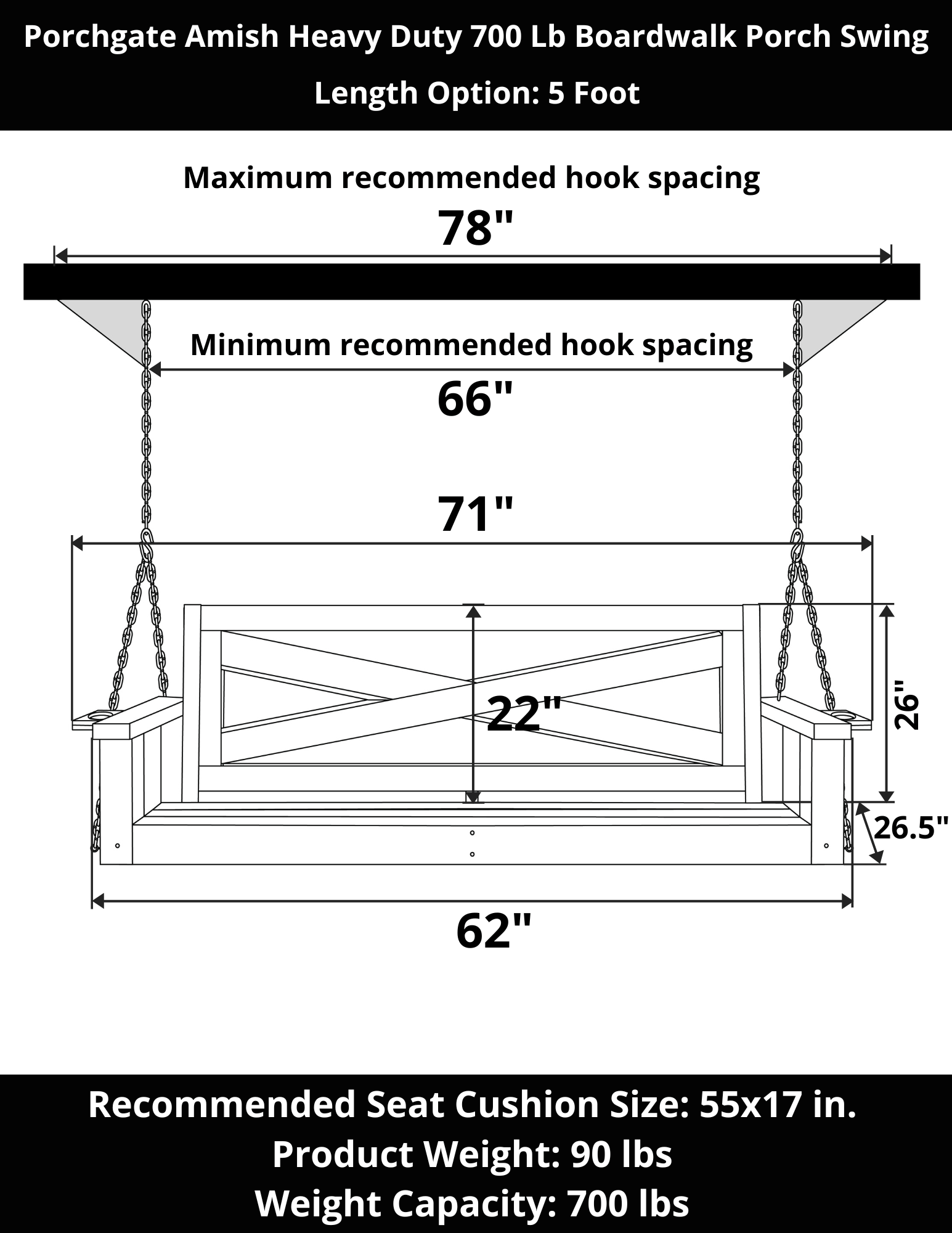 Porchgate Amish Heavy Duty 700 Lb 5-Foot Boardwalk Porch Swing - Unfinished