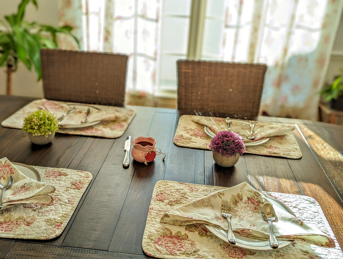 Bedding Set of 4-Pieces Dainty Cottage Floral Roses Quilted Cotton Dining Table Placemats 13” x 19” (3036)