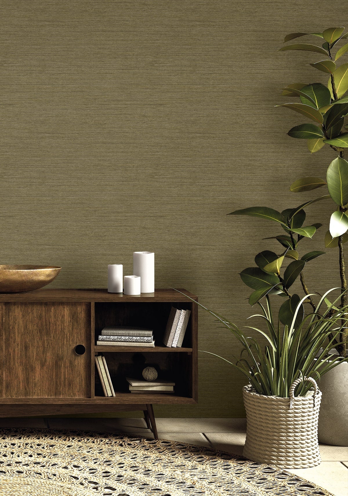 Raffia Threaded Faux Weave Embossed Vinyl Unpasted Wallpaper