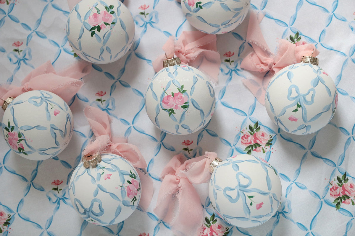 Ribbon trellis and rose hand-painted ornament