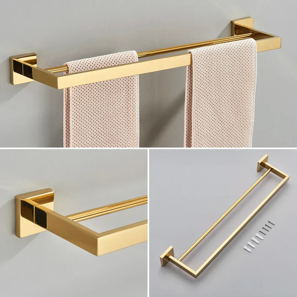 Gold Bathroom Hardware Set: Hook, Towel Rail, Bar, Shelf, Tissue Holder & More