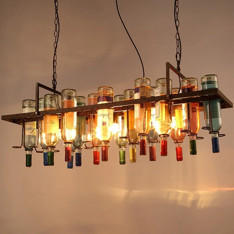 Industrial Metal Wine Bottle Chandelier for Coffee Shop Bar LED Decor