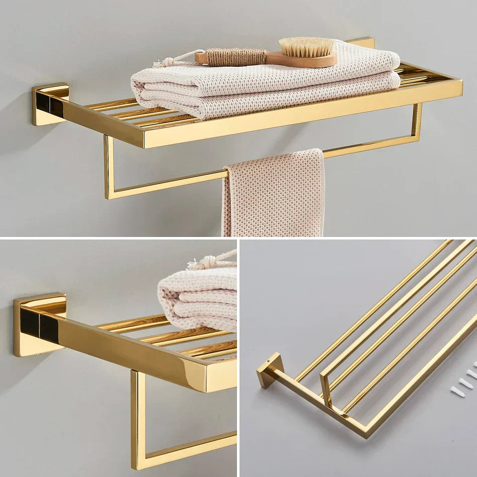 Gold Bathroom Hardware Set: Hook, Towel Rail, Bar, Shelf, Tissue Holder & More