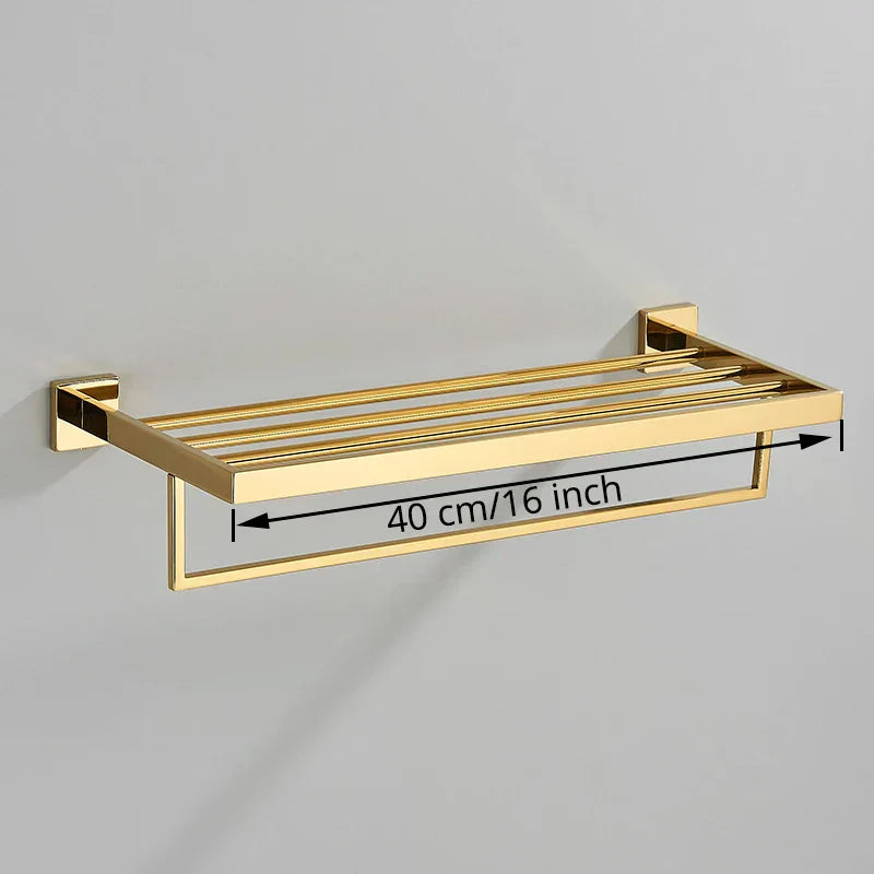 Gold Bathroom Hardware Set: Hook, Towel Rail, Bar, Shelf, Tissue Holder & More