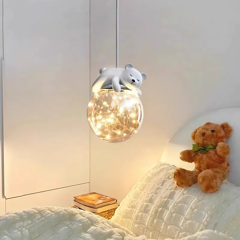 Kids Room LED Chandeliers White Bear Bunny Pendant Light Glass Bedside Lamp