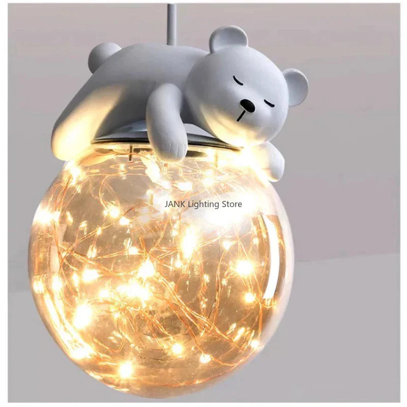 Kids Room LED Chandeliers White Bear Bunny Pendant Light Glass Bedside Lamp