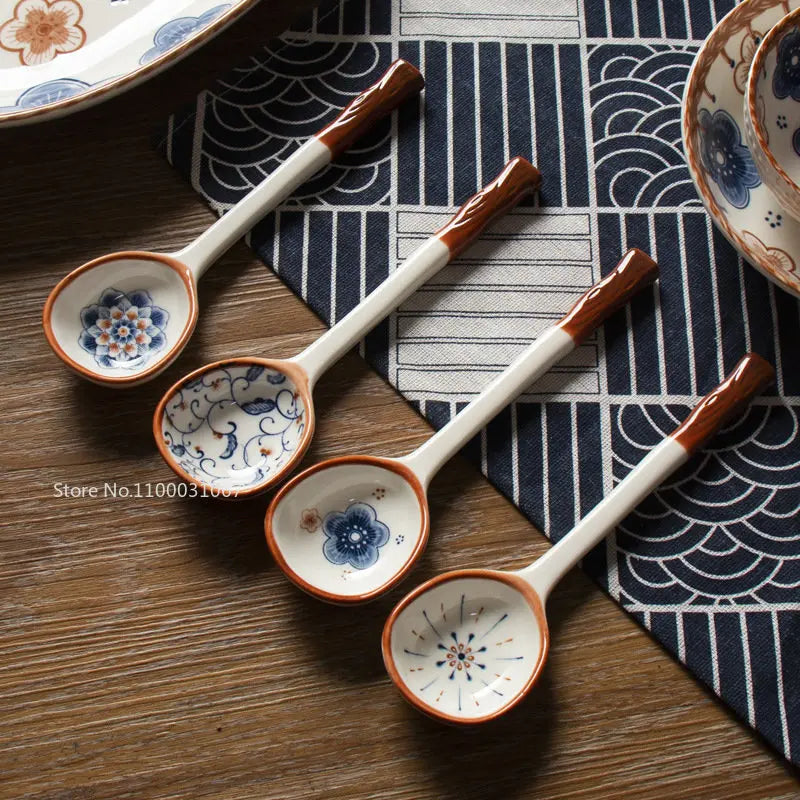 Japanese Vine Ceramic Spoon Set - Ins Wind Hand-painted Long Handle Dessert Spoons