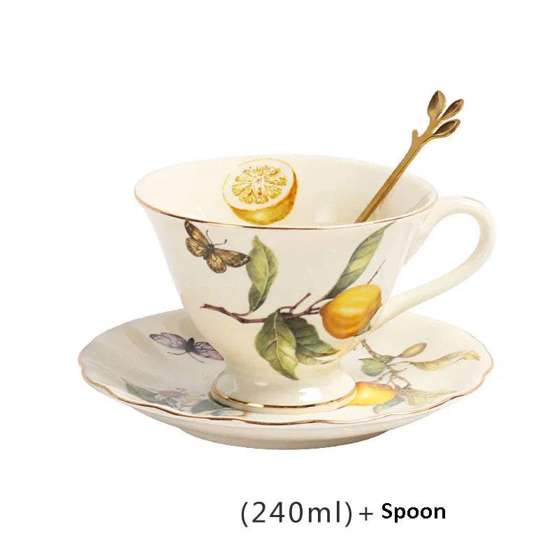 Gold Edge Cup & Saucer Set: Lemon Teapot, Coffee Mug, Ceramic Plates & Drinkware