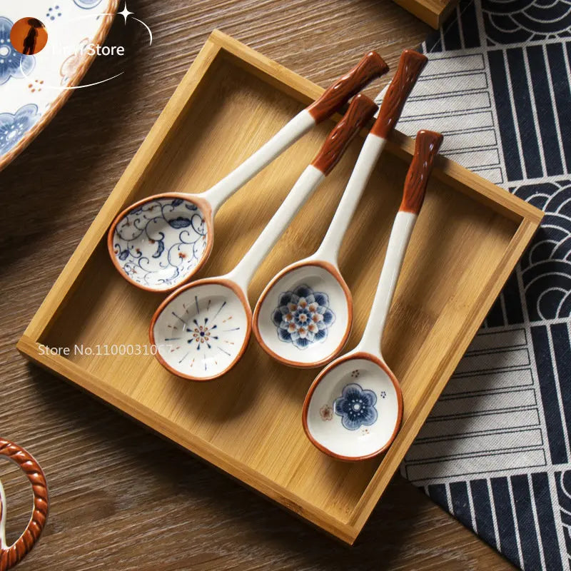 Japanese Vine Ceramic Spoon Set - Ins Wind Hand-painted Long Handle Dessert Spoons