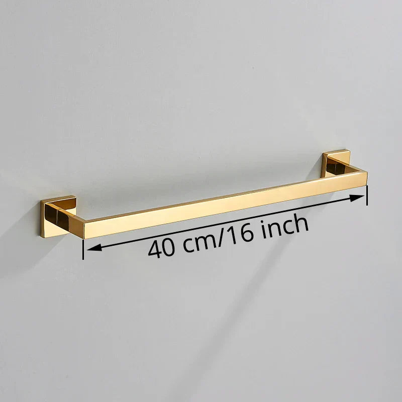 Gold Bathroom Hardware Set: Hook, Towel Rail, Bar, Shelf, Tissue Holder & More