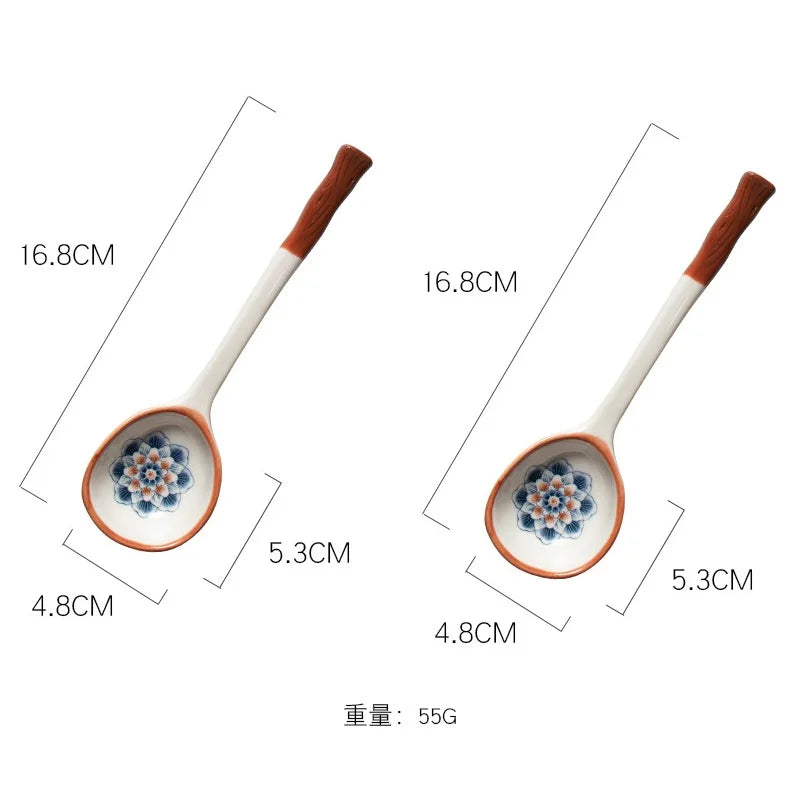 Japanese Vine Ceramic Spoon Set - Ins Wind Hand-painted Long Handle Dessert Spoons