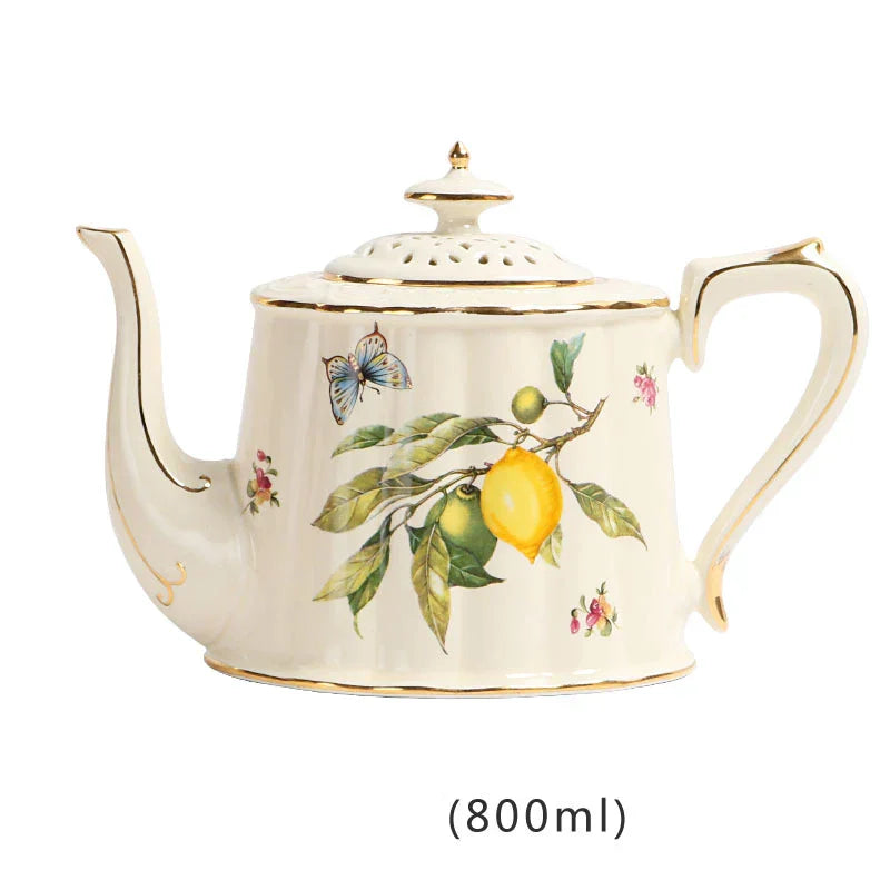Gold Edge Cup & Saucer Set: Lemon Teapot, Coffee Mug, Ceramic Plates & Drinkware