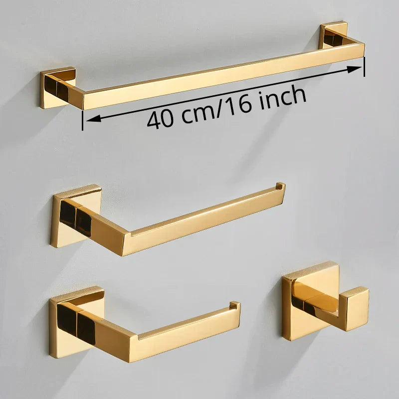 Gold Bathroom Hardware Set: Hook, Towel Rail, Bar, Shelf, Tissue Holder & More