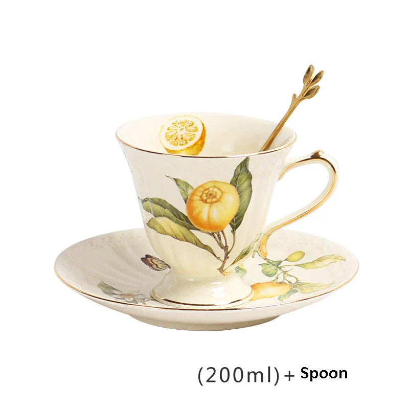 Gold Edge Cup & Saucer Set: Lemon Teapot, Coffee Mug, Ceramic Plates & Drinkware