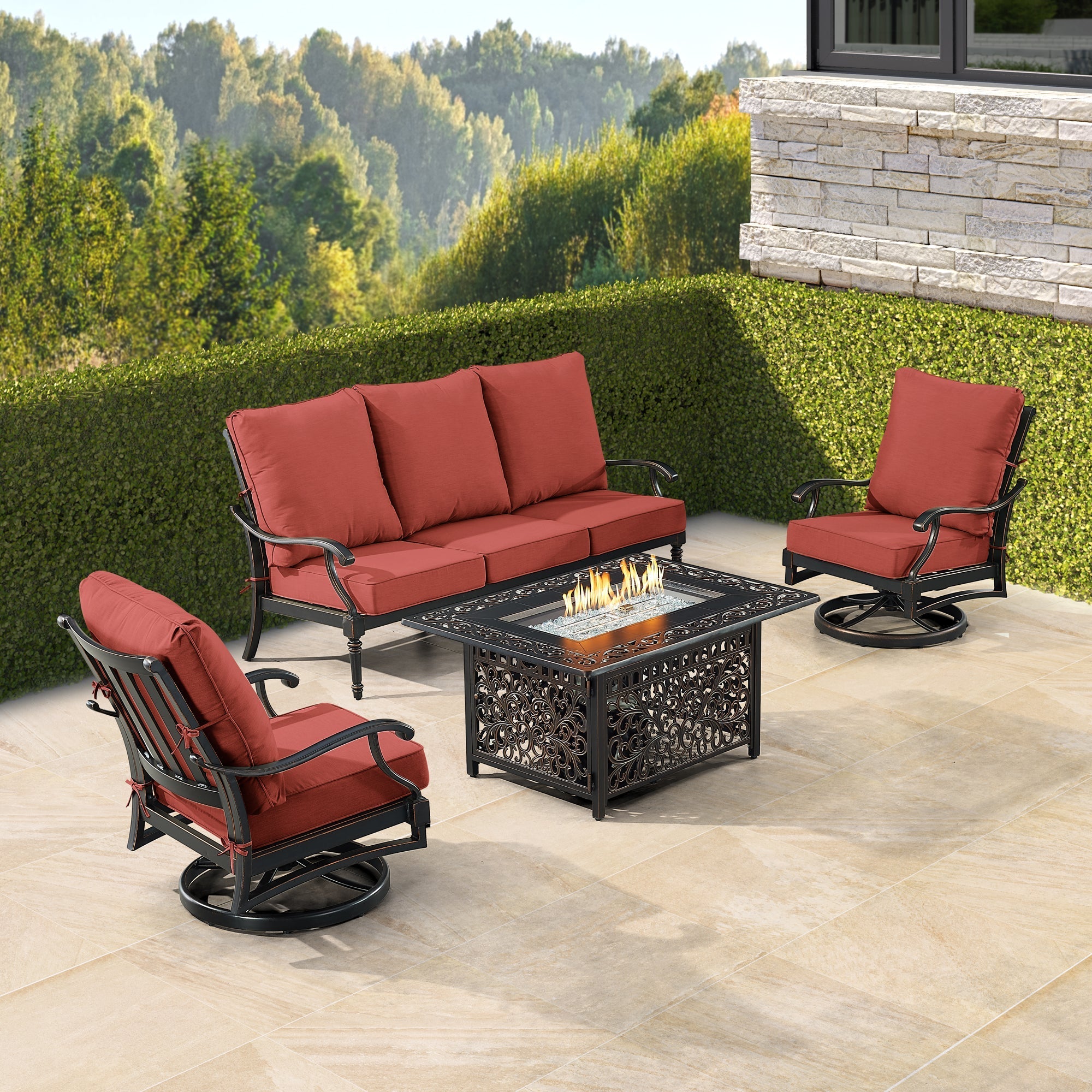 Black Aluminum Fire Table Set with Sofa and Two Club Chairs