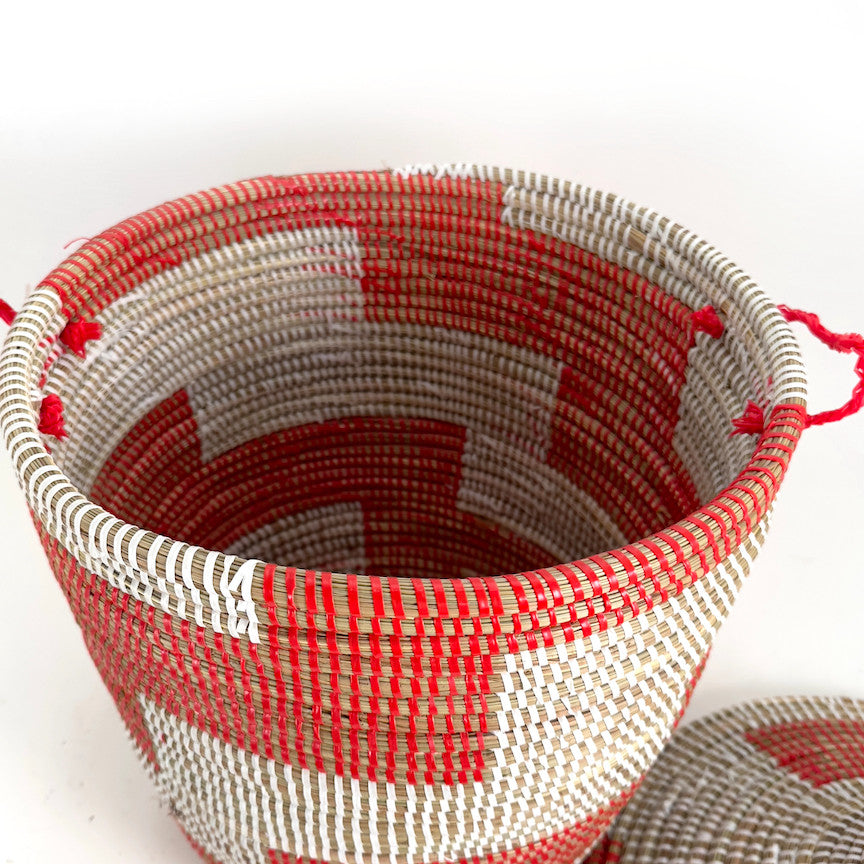Red and White Stripe Woven Basket - Medium